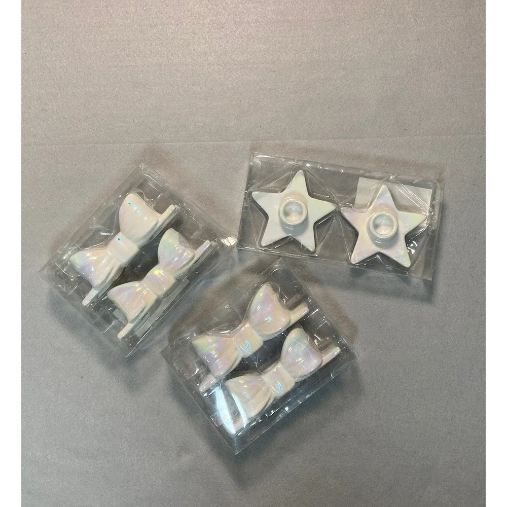 Target Bullseye 3 Sets Iridescent Taper Candle Holders Bow Shape and Stars NEW